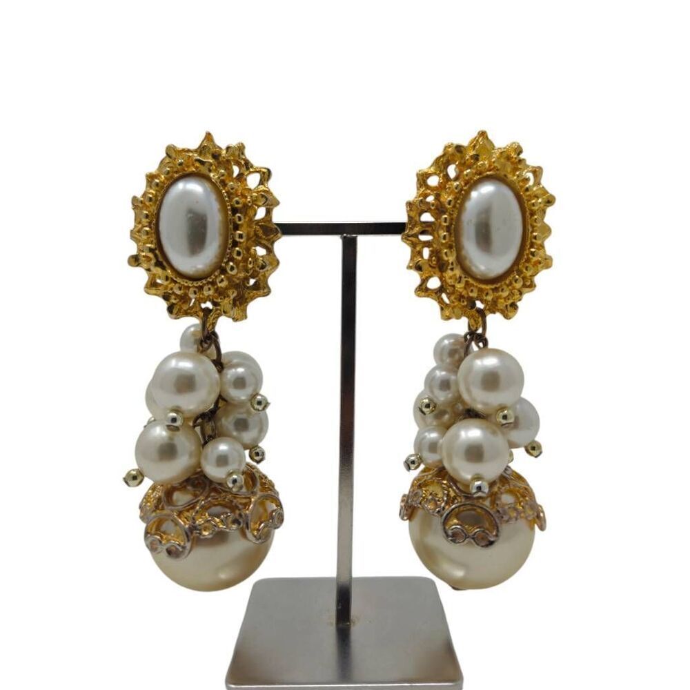 Vintage 1980s Pearl Cluster Drop Clip-On Earrings 3.5” Statement